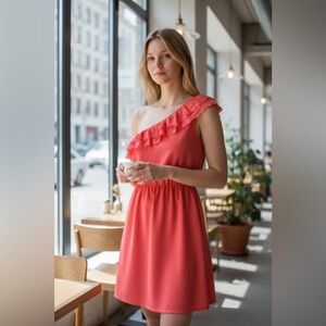 Mine Coral One Shoulder Ruffle Trim Lined Dress Large